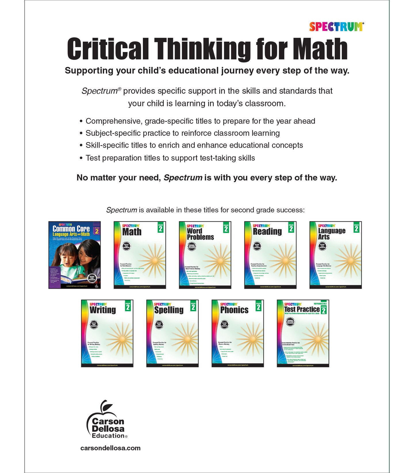 Spectrum Grade 2 Critical Thinking for Math Workbook, Addition and Subtraction With Up to 3 Digit Numbers, Fractions, Shapes, Graphs, and More Mathematics, Classroom or Homeschool Curriculum