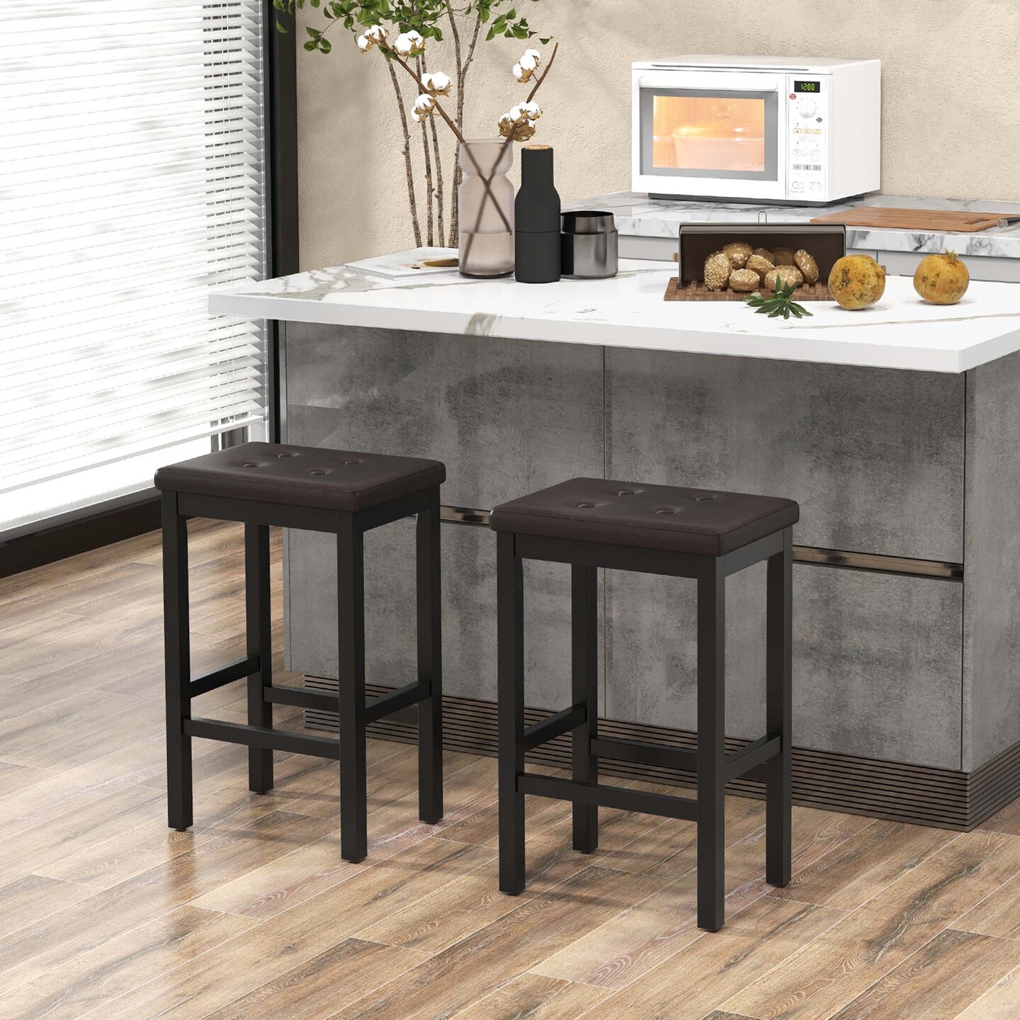 Costway Set of 2 Rubber Wood Bar Stools 24" Counter Height Stool with Padded Seat, Footrest Brown & Black/Gray & White
