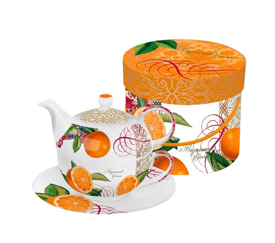 Paperproducts Design Valencia Orange Bigarrade Couronnee Bone China Tea for One Teapot, Cup and Saucer Set with Gift Box