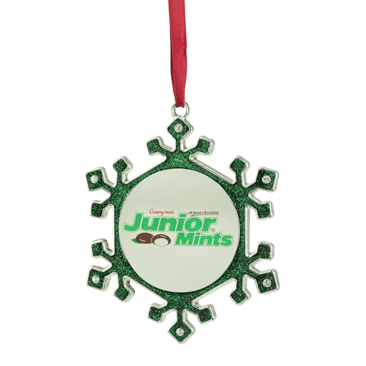 Northlight Snowflake &#x22;Junior Mints&#x22; Candy Logo Christmas Ornament - 3.25&#x22; - Green and Silver