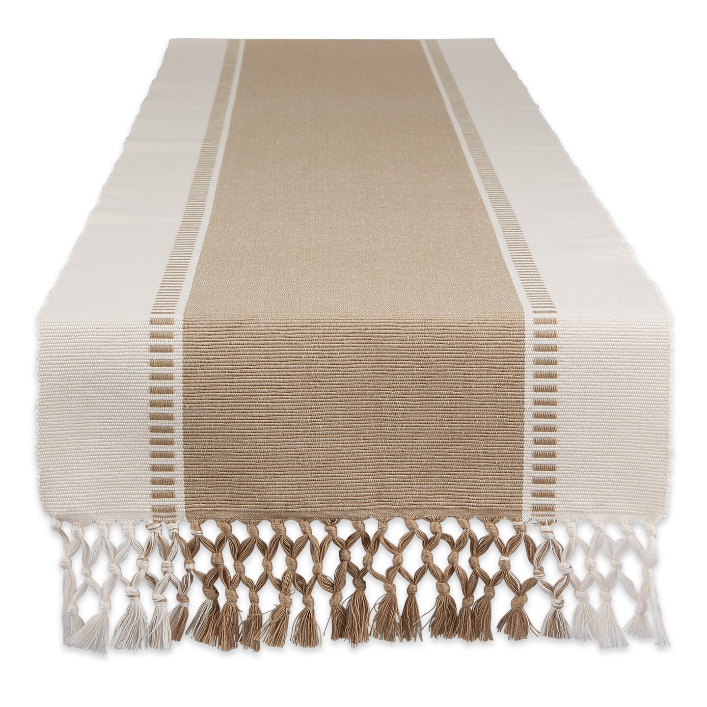 Contemporary Home Living Dobby Striped Table Runner with Knotted Tassels - 108&#x22; - Beige and Tan