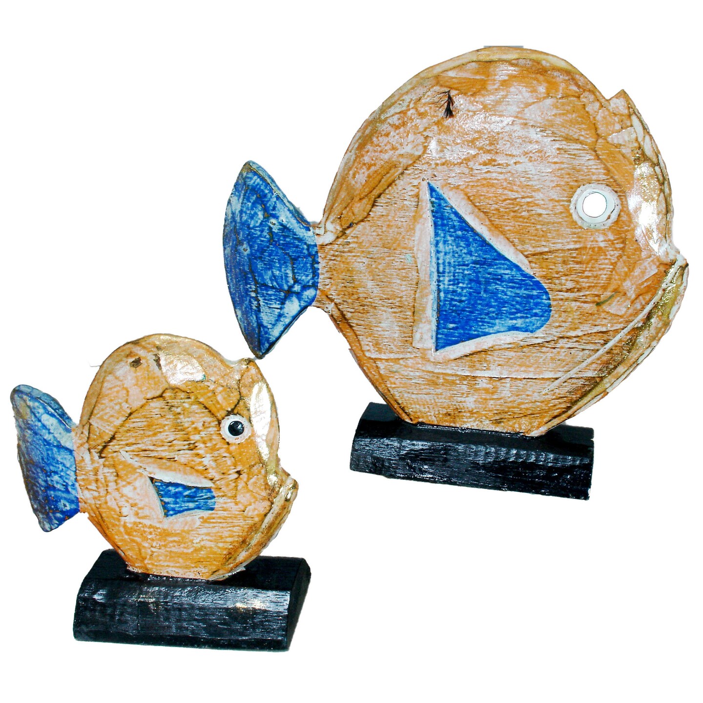 Stoneage Arts Inc Set of 2 Orange and Blue Wooden Hand-Carved Dori Fish Sculpture 14&#x22;