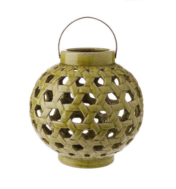 Raz 10.25&#x22; Tea Garden Caladium Leaf Green Glazed Terracotta Crackled Decorative Pillar Candle Lantern