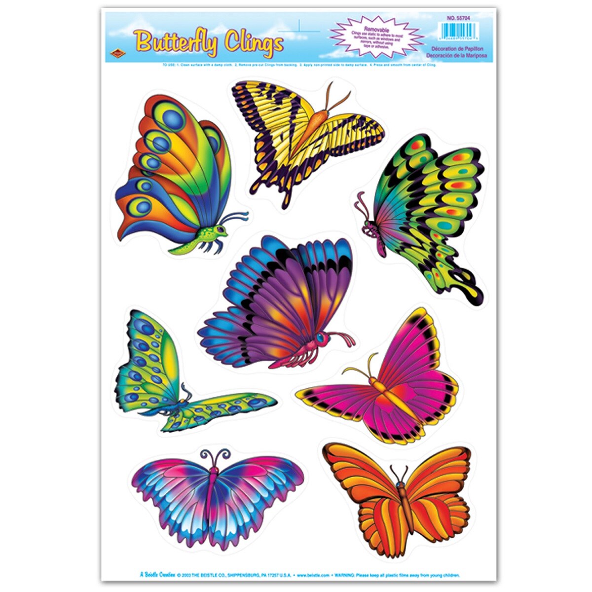 Beistle Club Pack of 96 Colorful Butterfly Spring or Summer Window Cling Decorations 17&#x22;