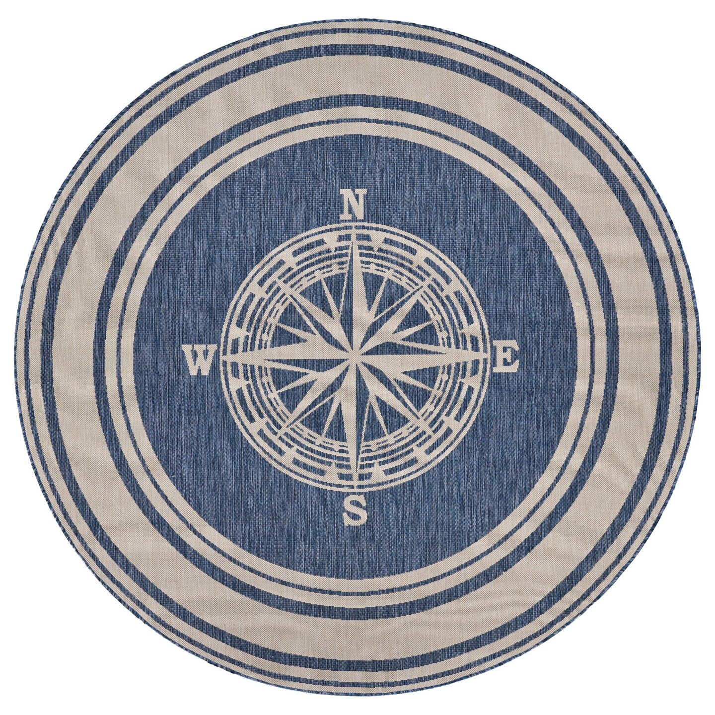 Laddha Home Designs 7.5' Navy and Beige Nautical Navigation Round Outdoor Area Throw Rug