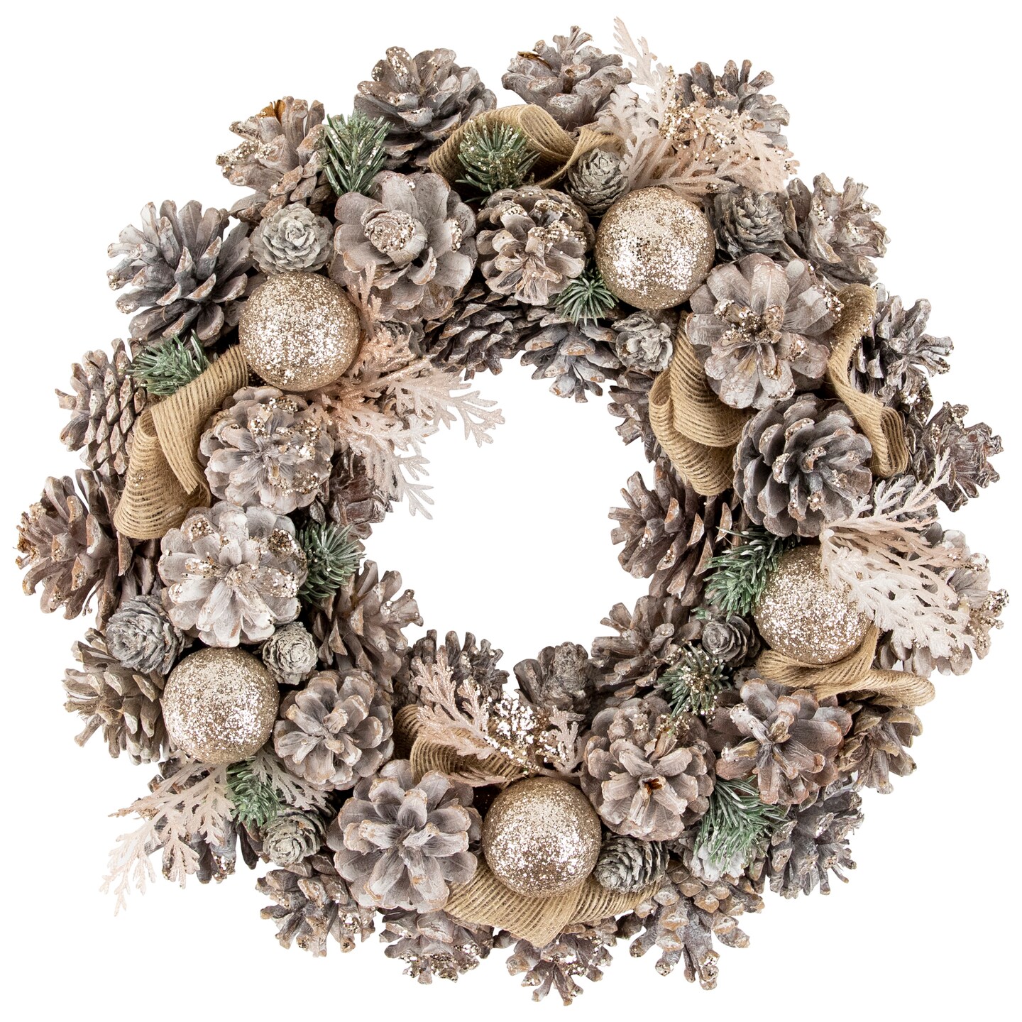 Northlight Glittered Pine and Burlap Bows Artificial Christmas Wreath - 13.75&#x22; - Unlit