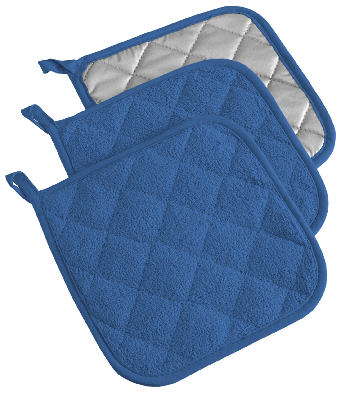CC Home Furnishings Set of 3 Blue and Silver Colored Square Potholders with Loop 7”