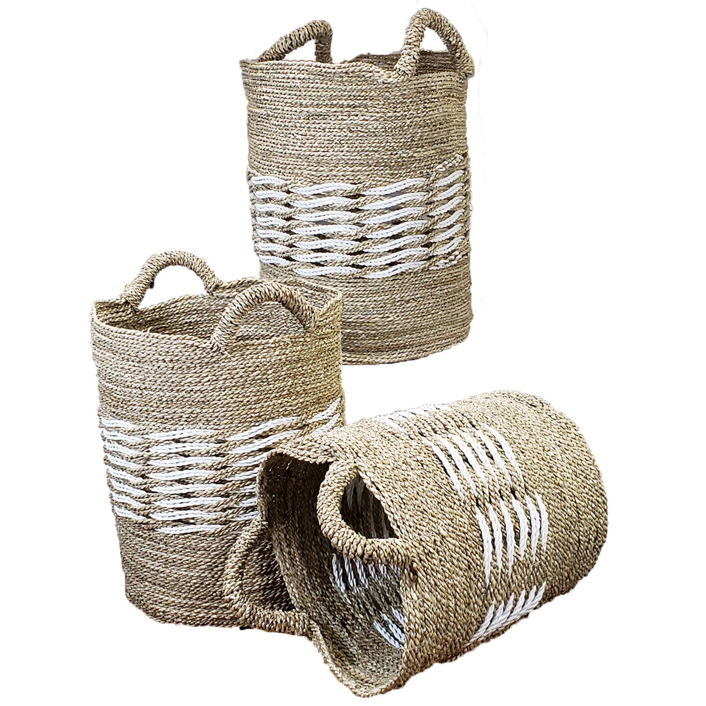 Stoneage Arts Inc Set of 3 Gray, White, and Beige Seagrass and Raffia Basket Handcrafted with Genuine Human Touch, 19"