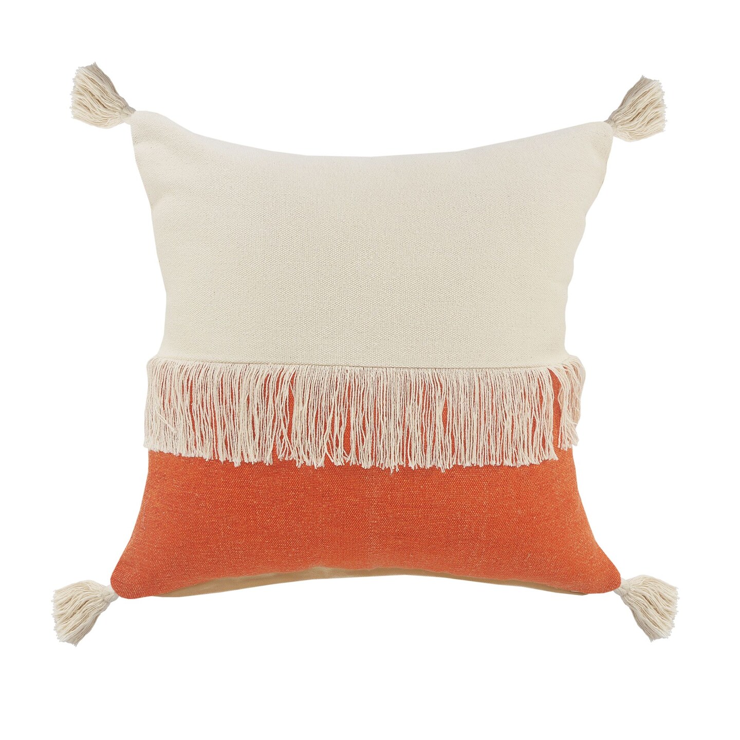 Laddha Home Designs 20" Orange and White Fringe Color Block Square Throw Pillow
