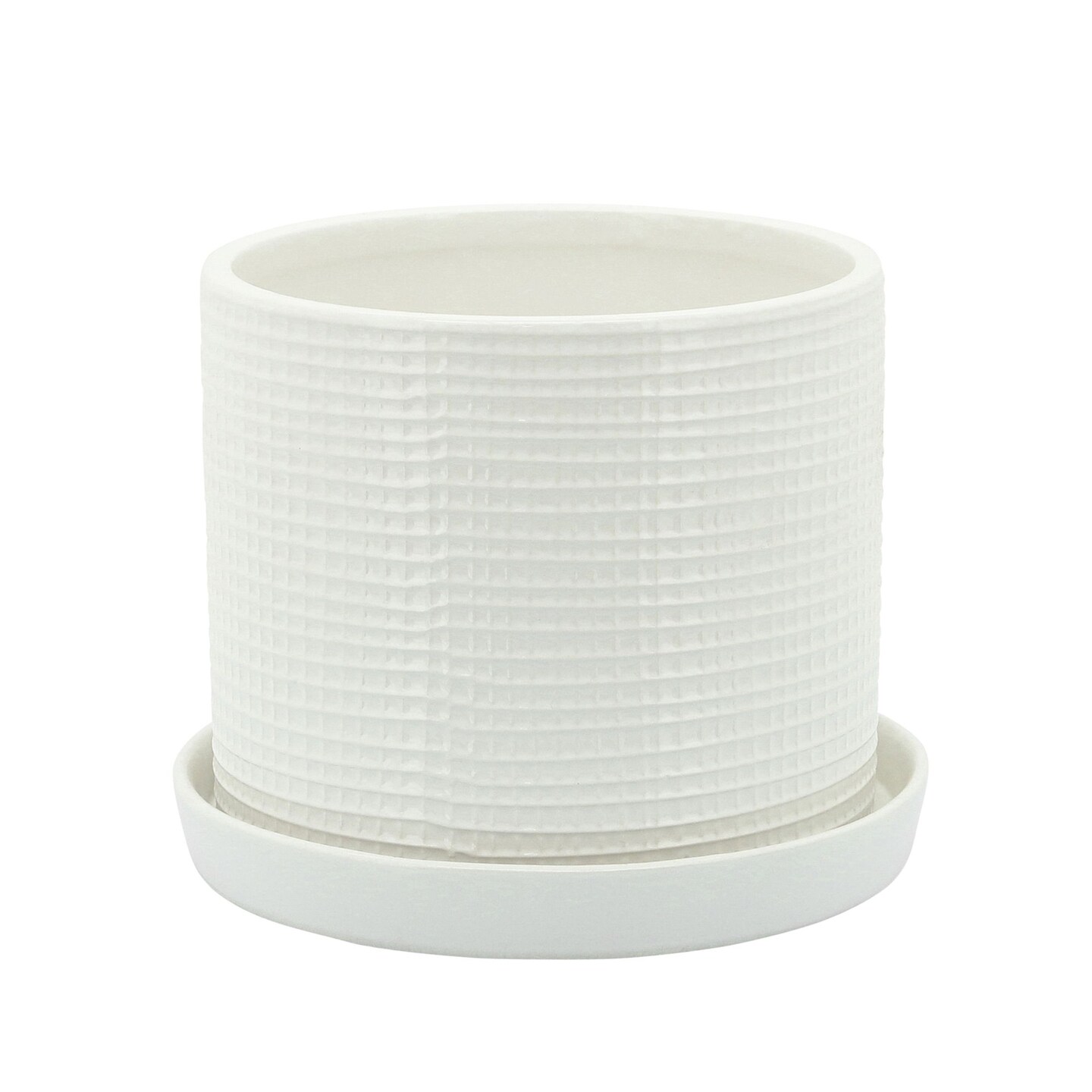 Kingston Living Set of 2 White Ceramic Weave Planters with Saucer 8&#x22;