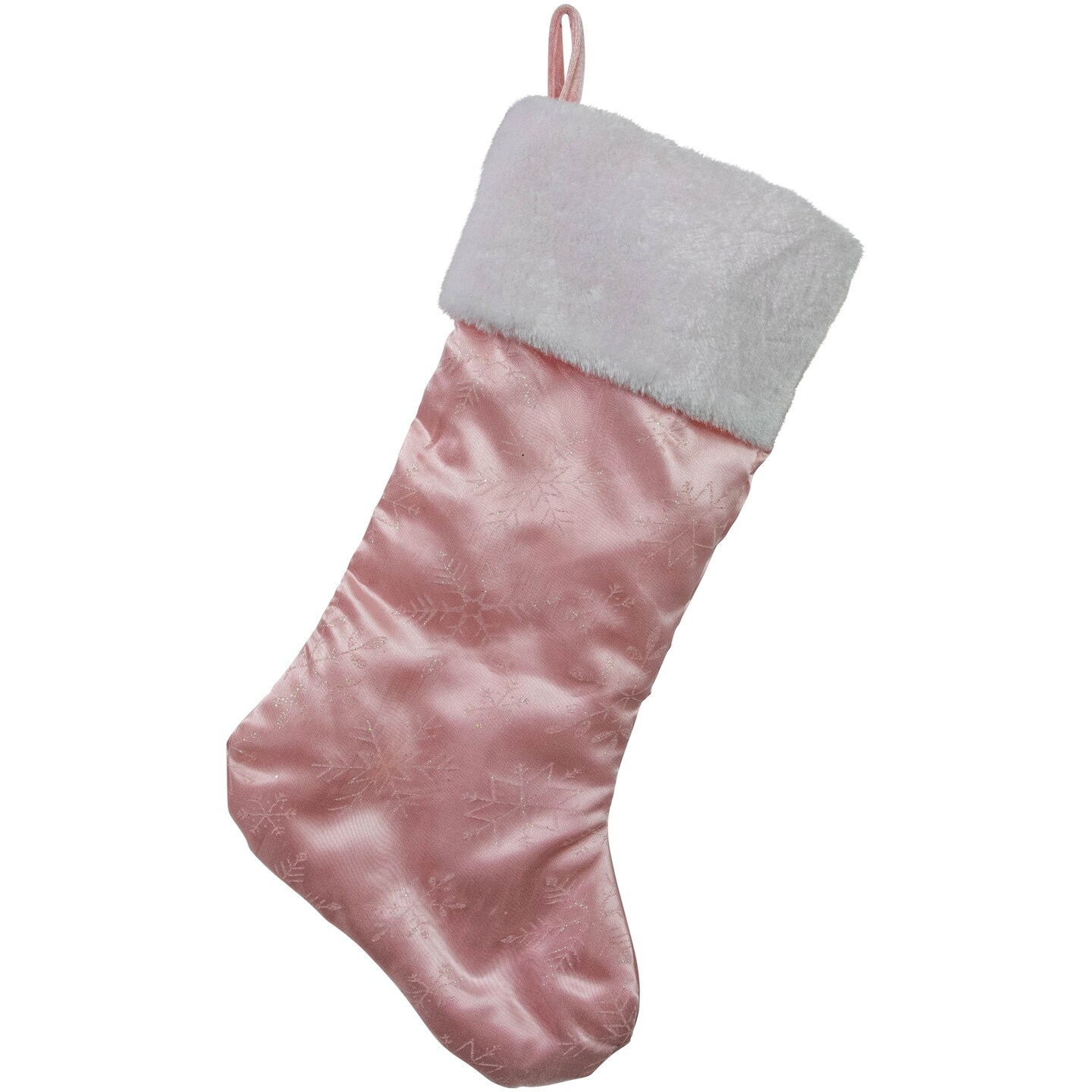 Northlight 20&#x22; Light Pink Glittered Snowflake Christmas Stocking with White Faux Fur Cuff