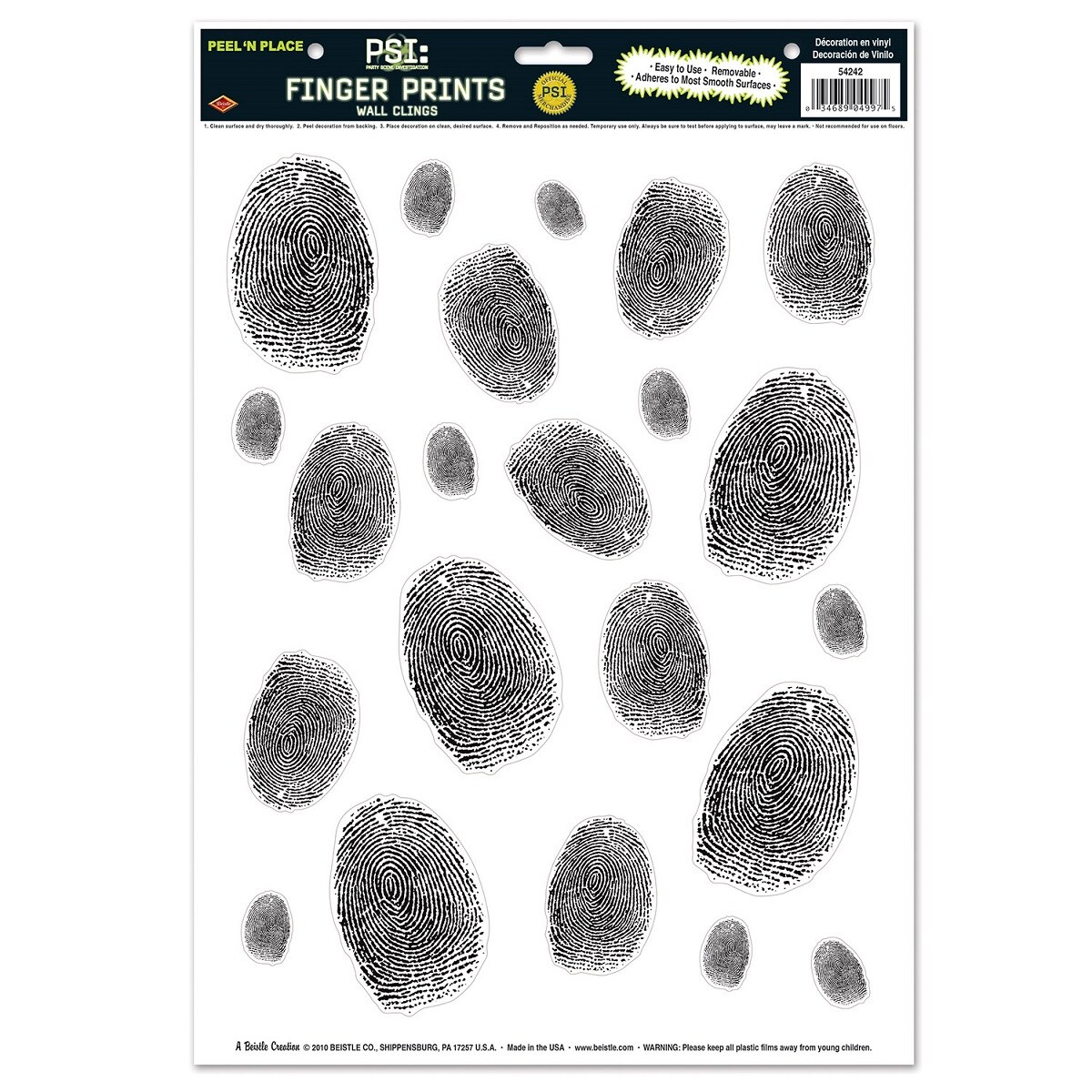 Beistle Club Pack of 264 Black and White P.S.I Fingerprint Peel &#x27;N Place Wall Cling Decorations 17&#x22;