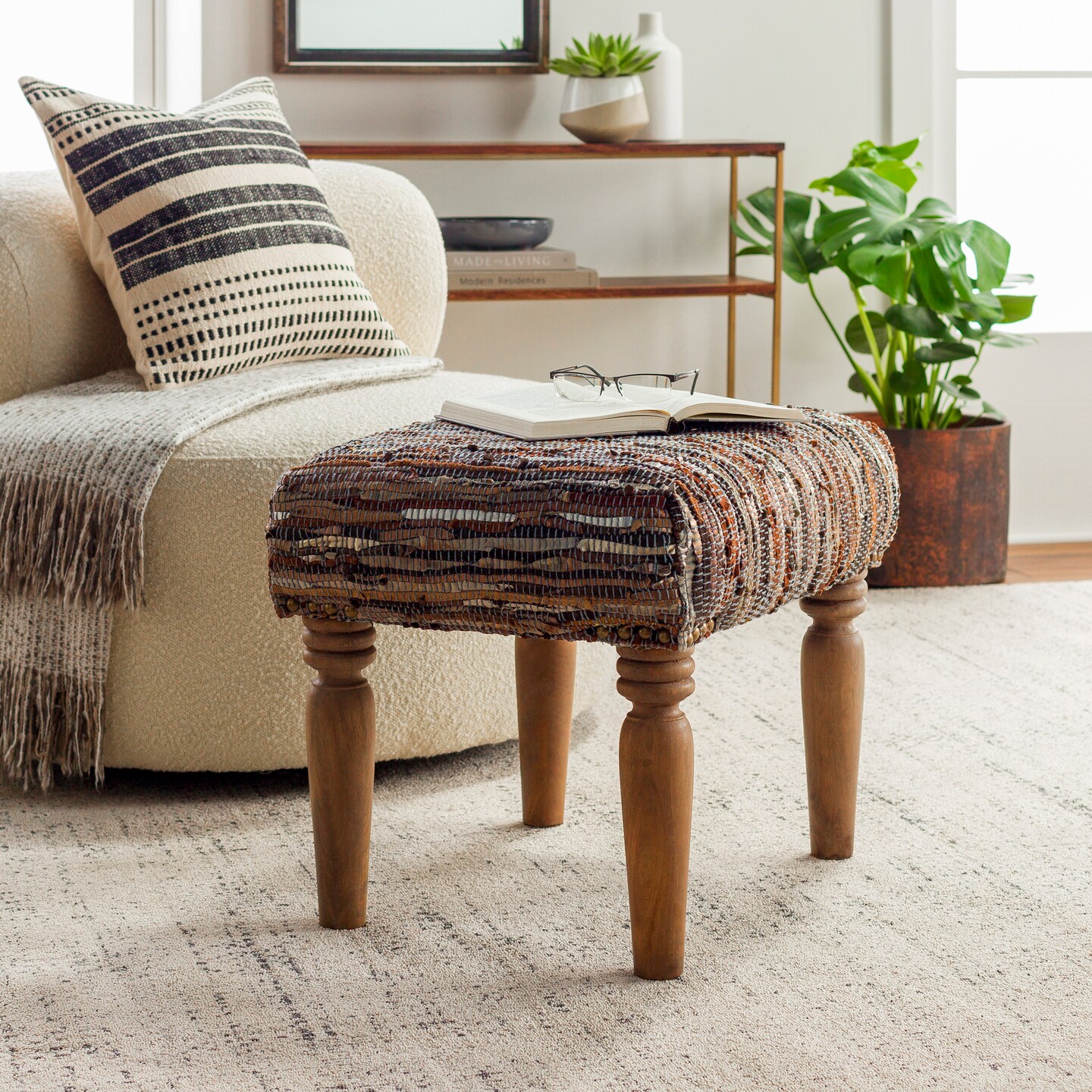 Tiwari Home 23&#x22; Tan Brown and Gold Rectangular Leather Ottoman