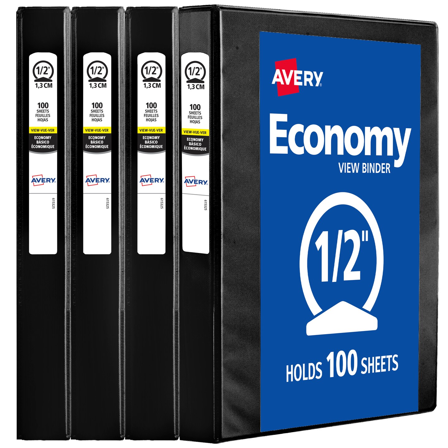 Avery 0.5&#x22; Economy View 3 Ring Binders, Round Rings, 100-Sheet Capacity, Black, 4 Pack (17701)
