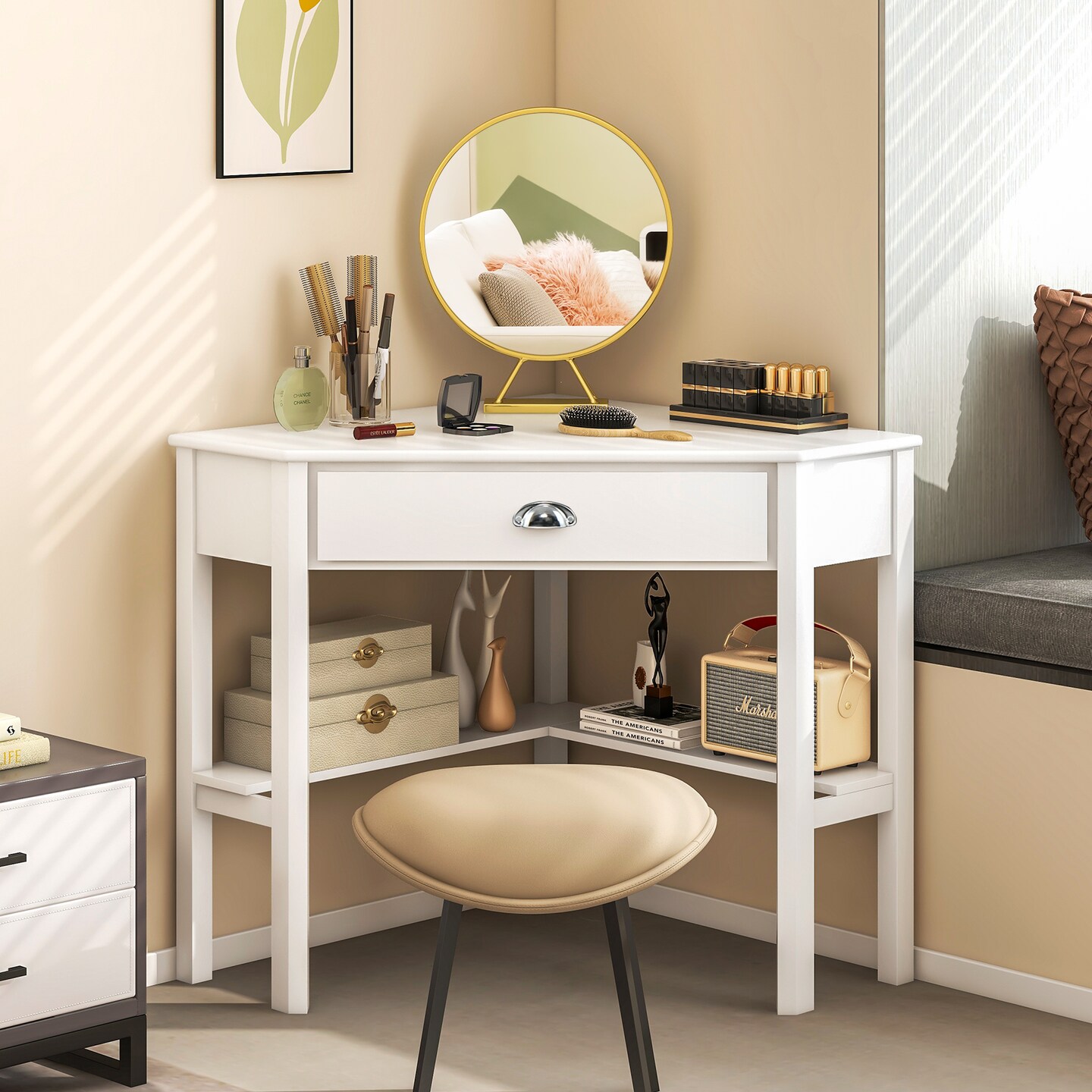 Wooden Corner Computer Desk with Big Storage Drawer and Two Open Shelves