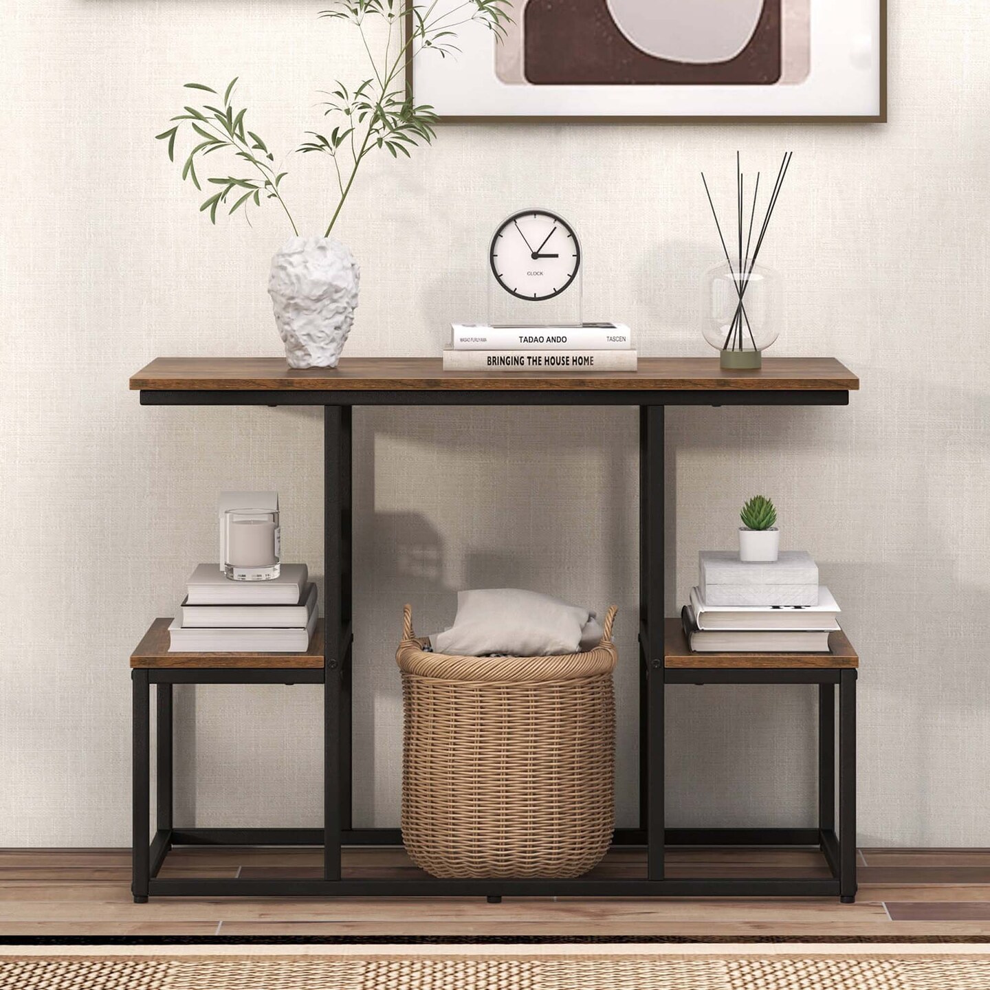 Costway Rustic TV Console Table for 50&#x22; TVs Industrial Sofa Table with Open Storage Shelves Rustic Brown