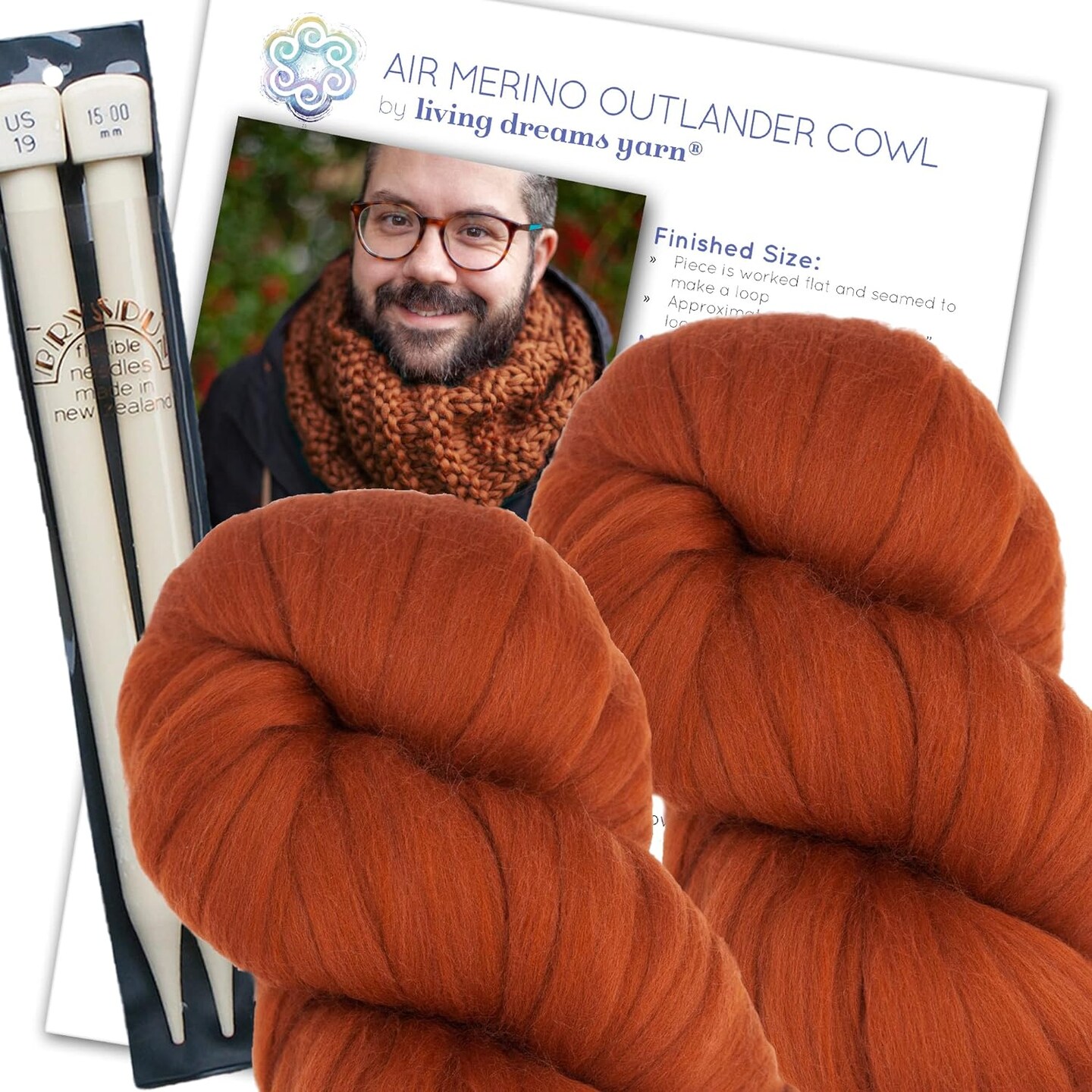Merino Cowl Knitting Kit: Soft and Thick #7 Weight Jumbo Yarn, Knitting Needles and Pattern. Beginner. Everything Included, Great for Gifts