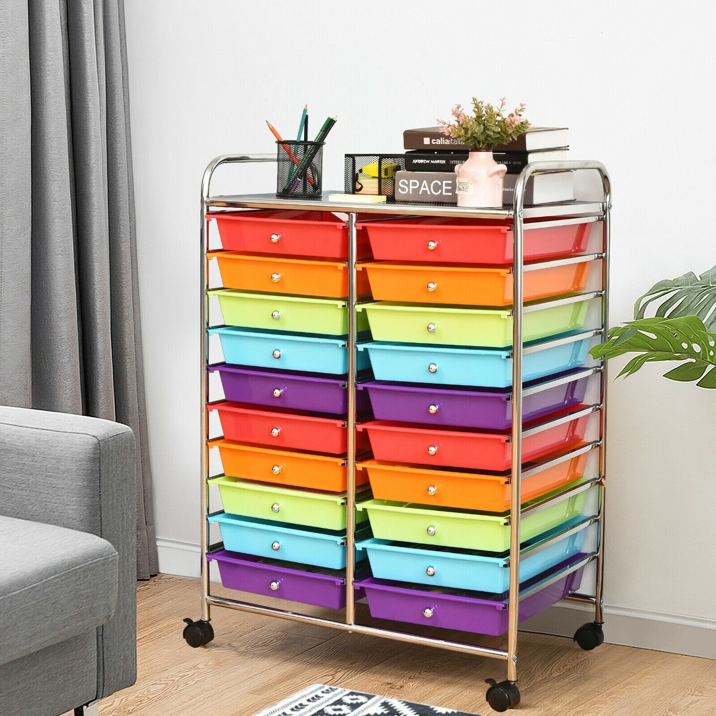 20-Drawer Mobile Storage Organizer Cart with Brake Wheels and Steel Frame for Home or Office Use