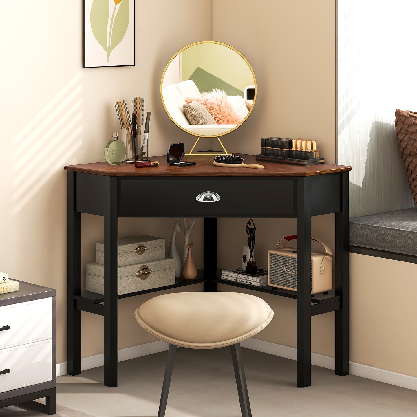 Wooden Corner Computer Desk with Big Storage Drawer and Two Open Shelves