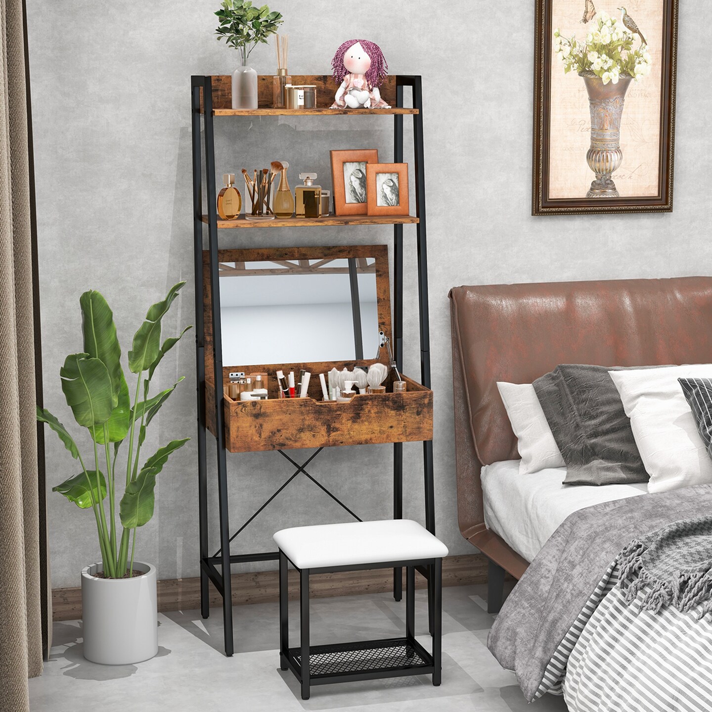 Costway Vanity Table Set Flip Top Mirror Ladder Storage Shelf Cushioned Stool Rustic