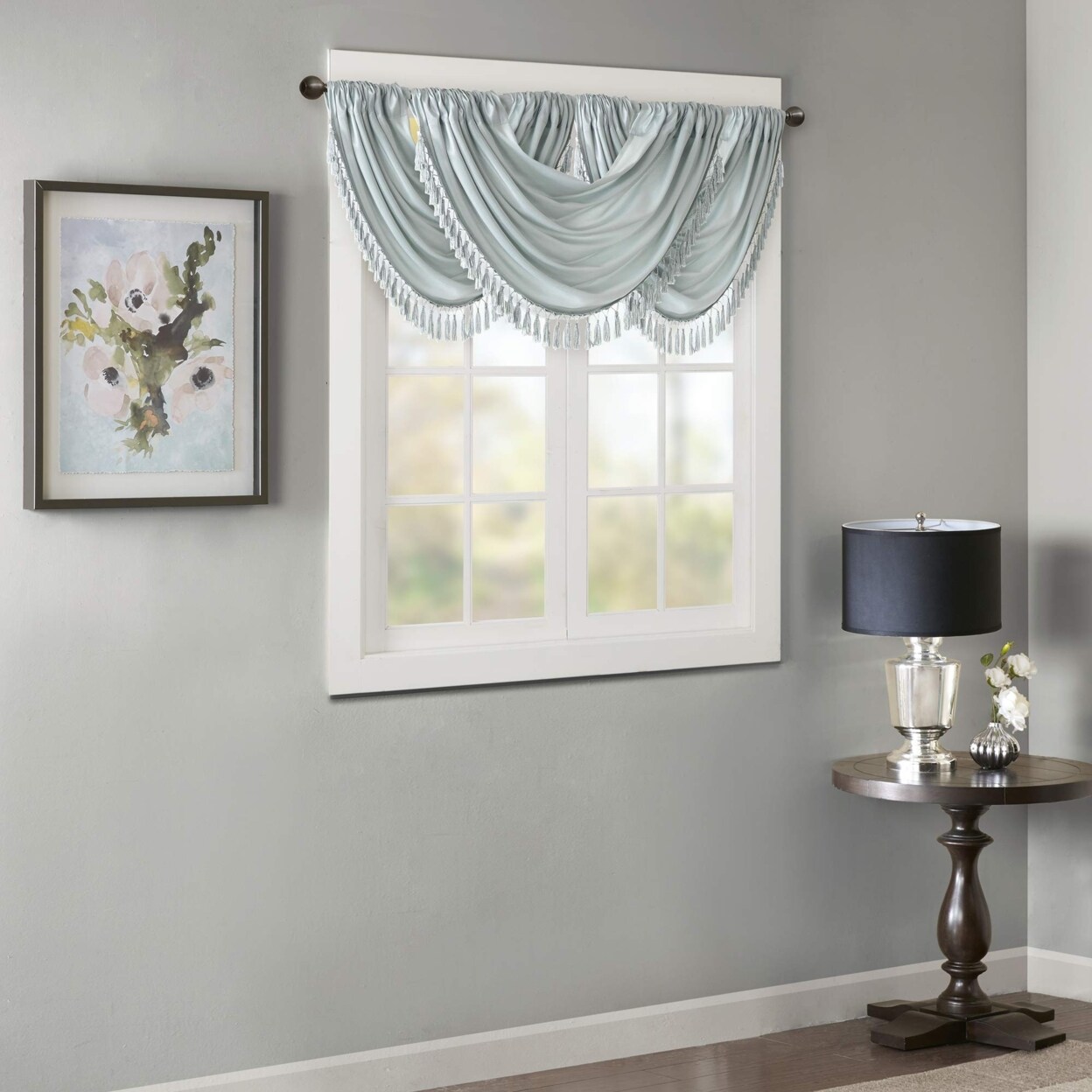 Madison Park Elena Faux Silk Waterfall Embellished Valance Dusty Aqua 38x46"