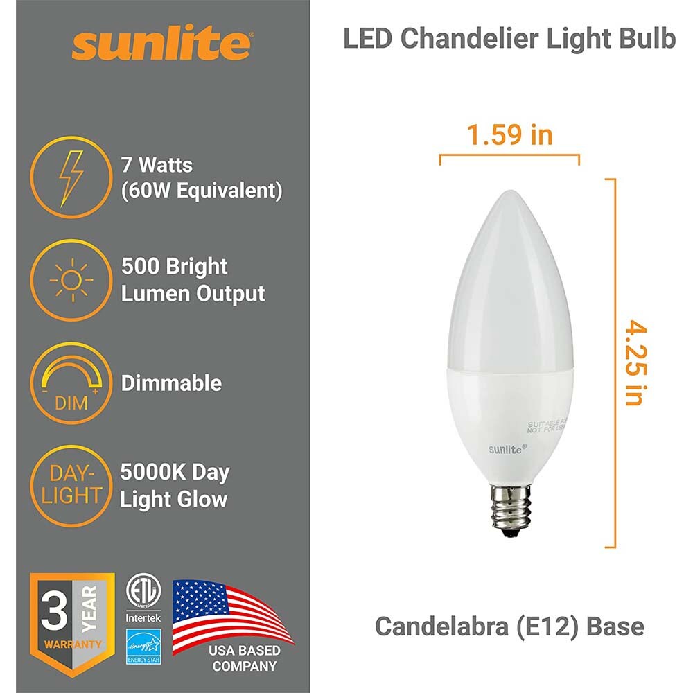 Sunlite LED B11 Frosted Chandelier Light Bulb 7w 120v E12 Base 5000K - Daylight