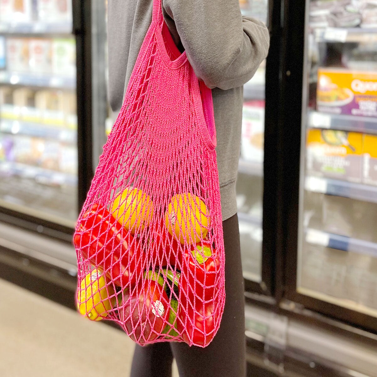 Wrapables Cotton Mesh Net Shopping Bag, Grocery Bag for Vegetables, Produce (Set of 3), Yellow, Blue, Hot Pink