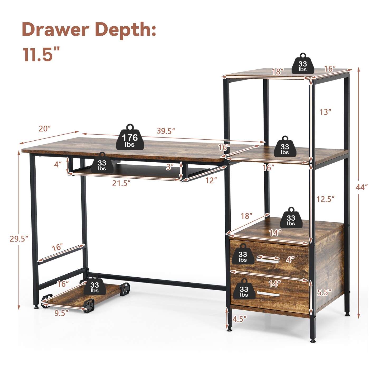 Costway Computer Desk Writing Study Table with Storage Shelves Home Office  Rustic Brown, 48X25X44(LXWXH) - Kroger