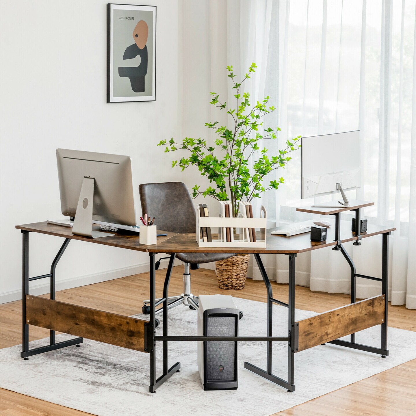 Costway 88.5&#x27;&#x27; L Shaped Reversible Computer Desk 2 Person Long Table Monitor Stand