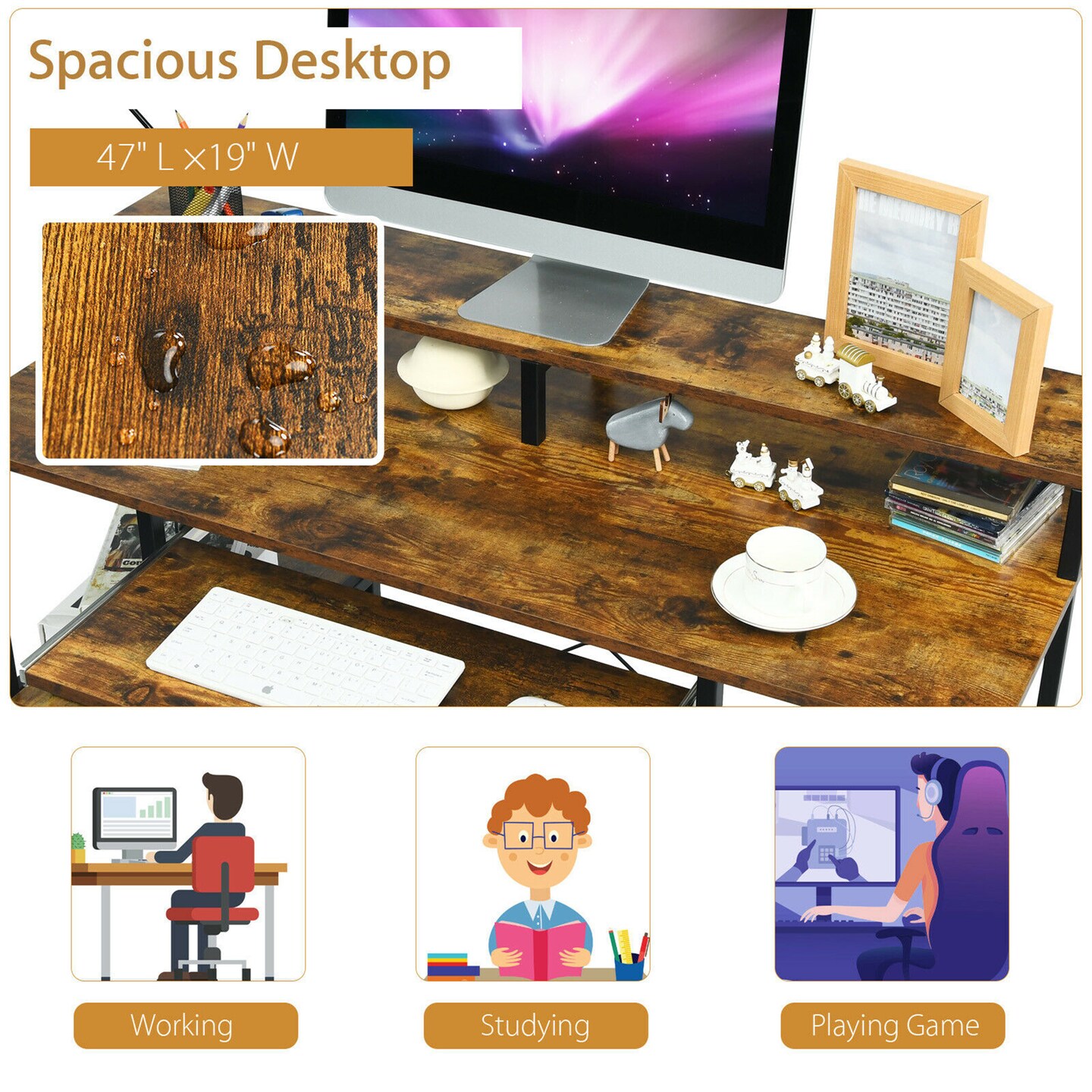 Costway 47&#x27;&#x27; Computer Desk Writing Study Table w/ Keyboard Tray &#x26; Monitor Stand