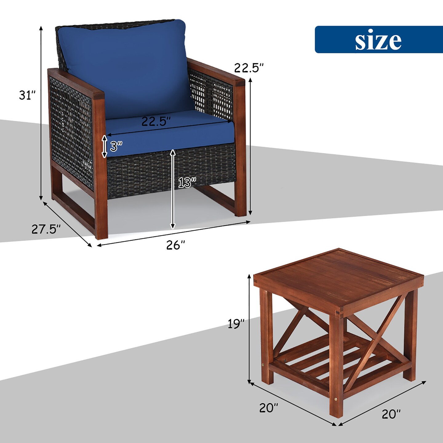 Costway 3PCS Patio Wicker Furniture Set Solid Wood Frame Cushion Sofa w/ Square Table Shelf