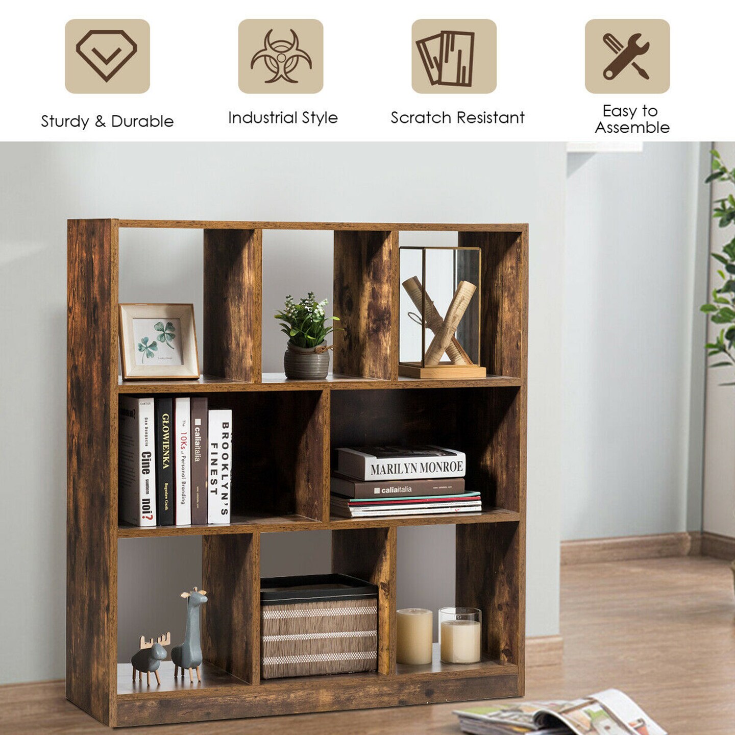 Costway Bookcase Industrial Freestanding Bookshelf Storage Organizer w/ Open Compartments