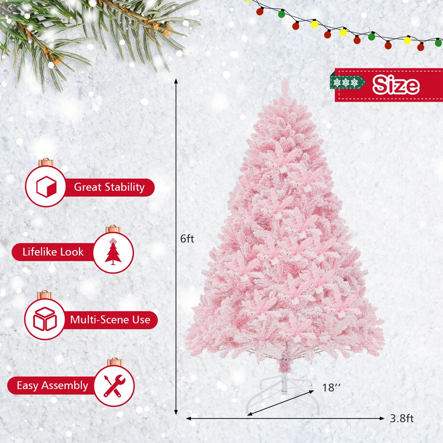 Costway 6 FT Flocked Artificial Christmas Tree Hinged with 350 LED Lights 808 Branch Tips