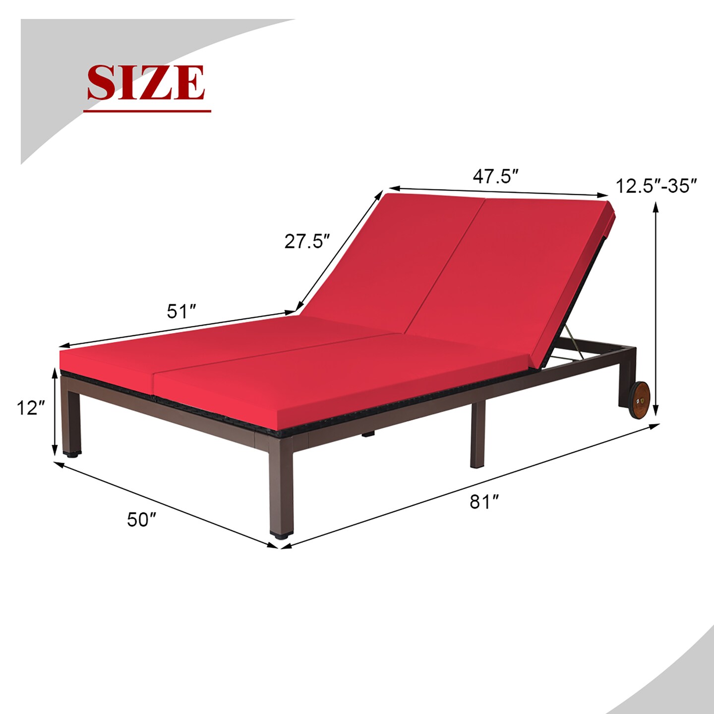 Costway 2-Person Patio Rattan Lounge chair Chaise Recliner Adjustable Cushioned Red