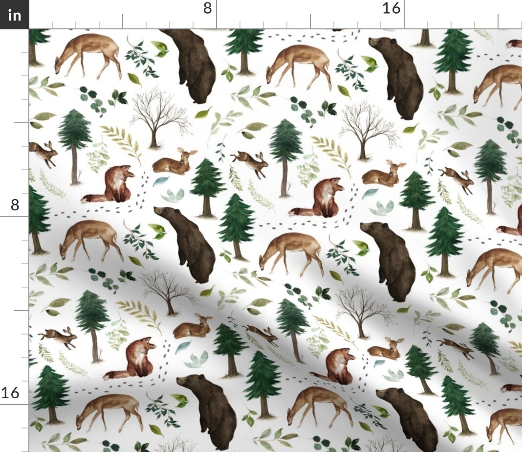 Woodland Animals Forest Deer Trees Bunny Bear Nursery Custom Printed Fabric by Spoonflower Various Fabrics by the Yard or Fat Quarter