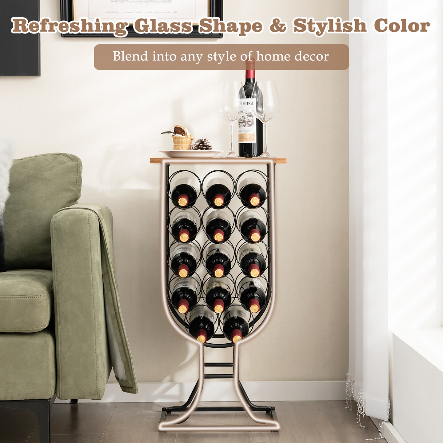 Costway 14 Bottles Wine Rack Console Table Freestanding Wine Storage with Woodtop &#x26; Wheels