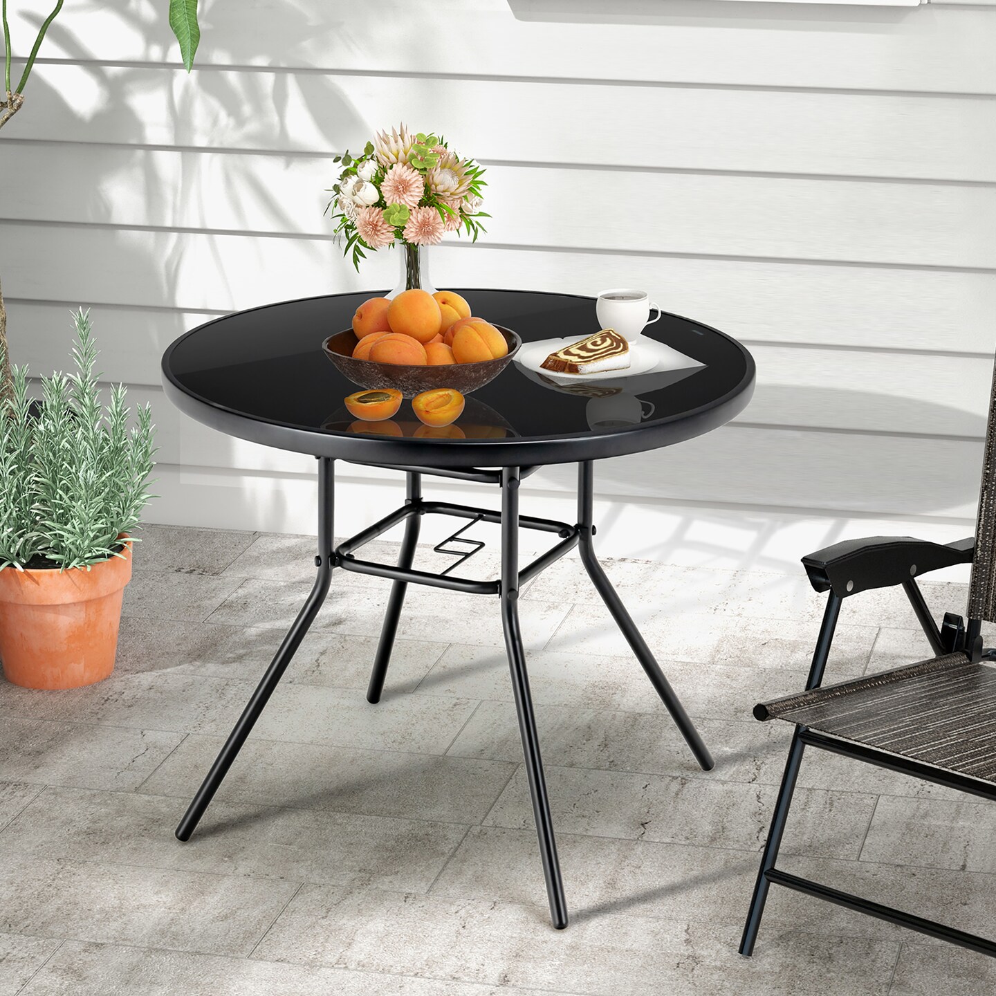 Costway 34 Inch Patio Dining Table Round Tempered Glass Tabletop&#xA0;with 1.5&#x27;&#x27; Umbrella Hole