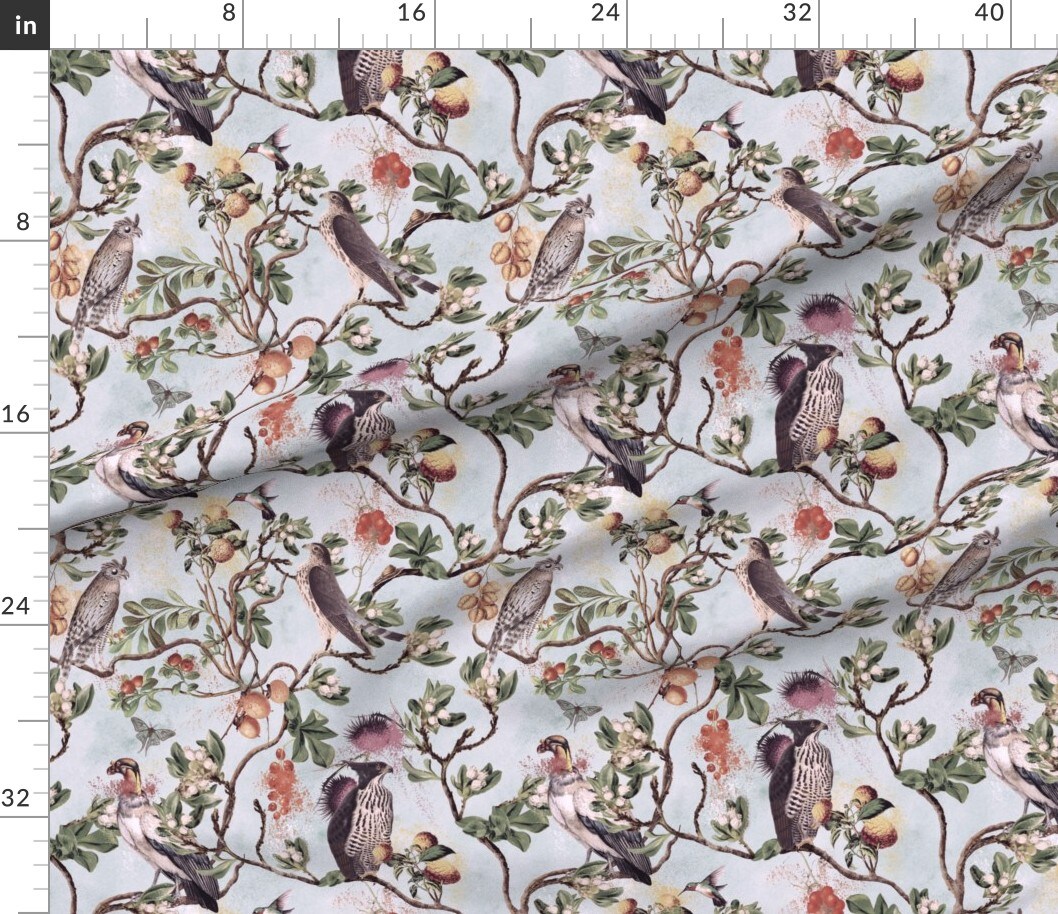 Vintage Birds Watercolor Chinoiserie Antiqued Of Prey Blue Green Gray Botanical Custom Printed Fabric by Spoonflower Various Fabrics by the Yard or Fat Quarter