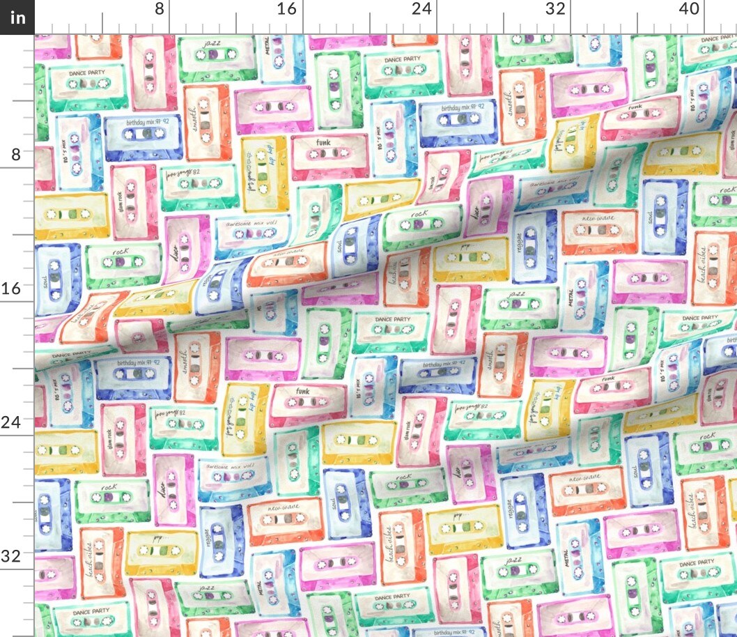 Watercolor Tape Cassette Retro Nostalgic Mixtape Rainbow Green Blue Yellow Audiotape Custom Printed Fabric by Spoonflower Various Fabrics by the Yard or Fat Quarter