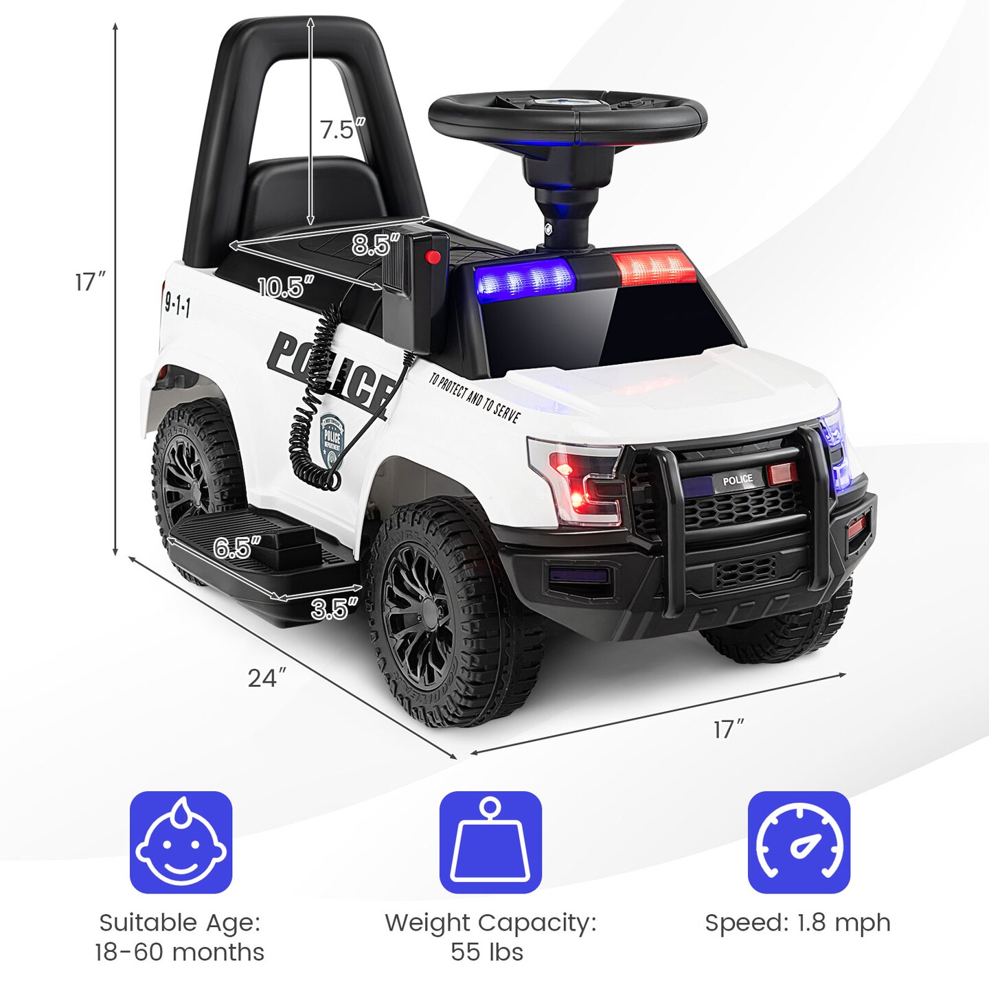 6V Kids Ride On Police Car with Real Megaphone and Siren Flashing Lights