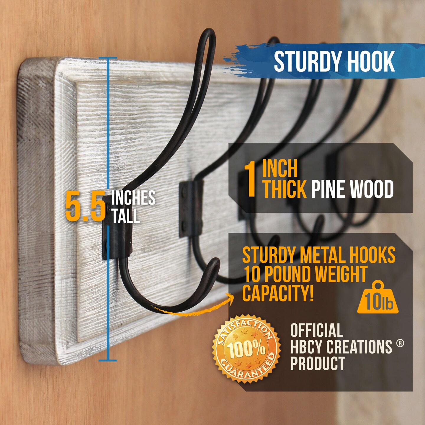 HBCY Creations Rustic Coat Rack with Hooks -Wall Mount Coat Rack - Solid  Pine Wood Entryway Hanger - Farmhouse Coat Rack for Kitchen, Bedroom