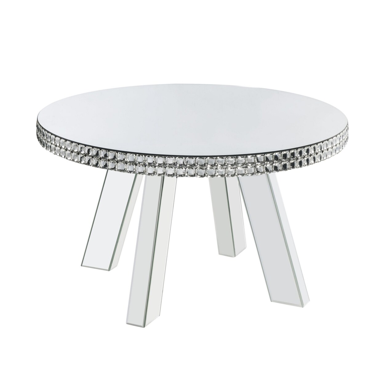Saltoro Sherpi Round Mirror Panel Inlay Coffee Table with Faux Crystals Accents, Silver-