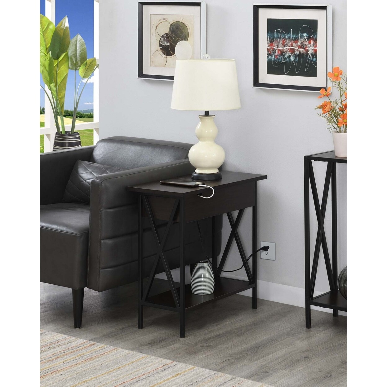 Convenience Concepts Tucson Flip Top End Table with Charging Station, Espresso and Black