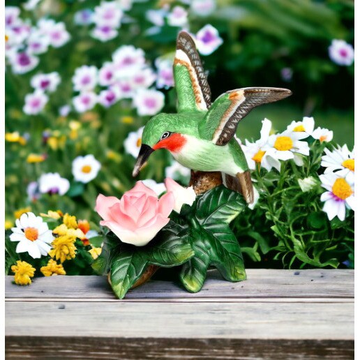 kevinsgiftshoppe Ceramic Hummingbird With Pink Rose Flower Figurine Home Decor   Kitchen Decor