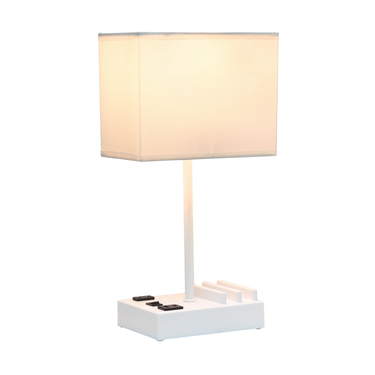 Simple Designs 15.3" Tall Modern Rectangular Multi-Use 1 Light Bedside Table Desk Lamp with 2 USB Ports and Charging Outlet, White