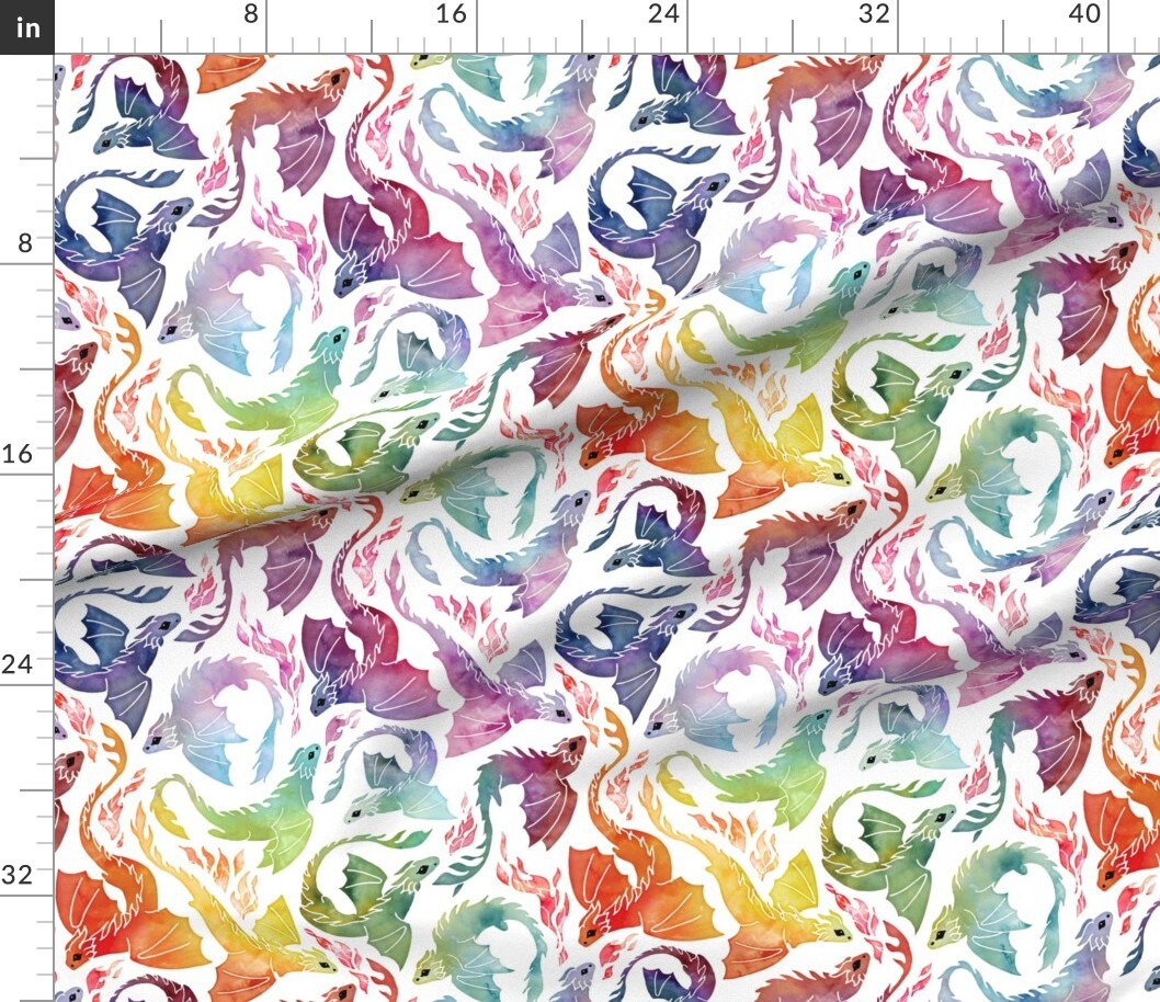 Dragon Fire Rainbow Cute Fantasy Watercolor Fairy Tale Flying Custom Printed Fabric by Spoonflower Various Fabrics by the Yard or Fat Quarter 11112826