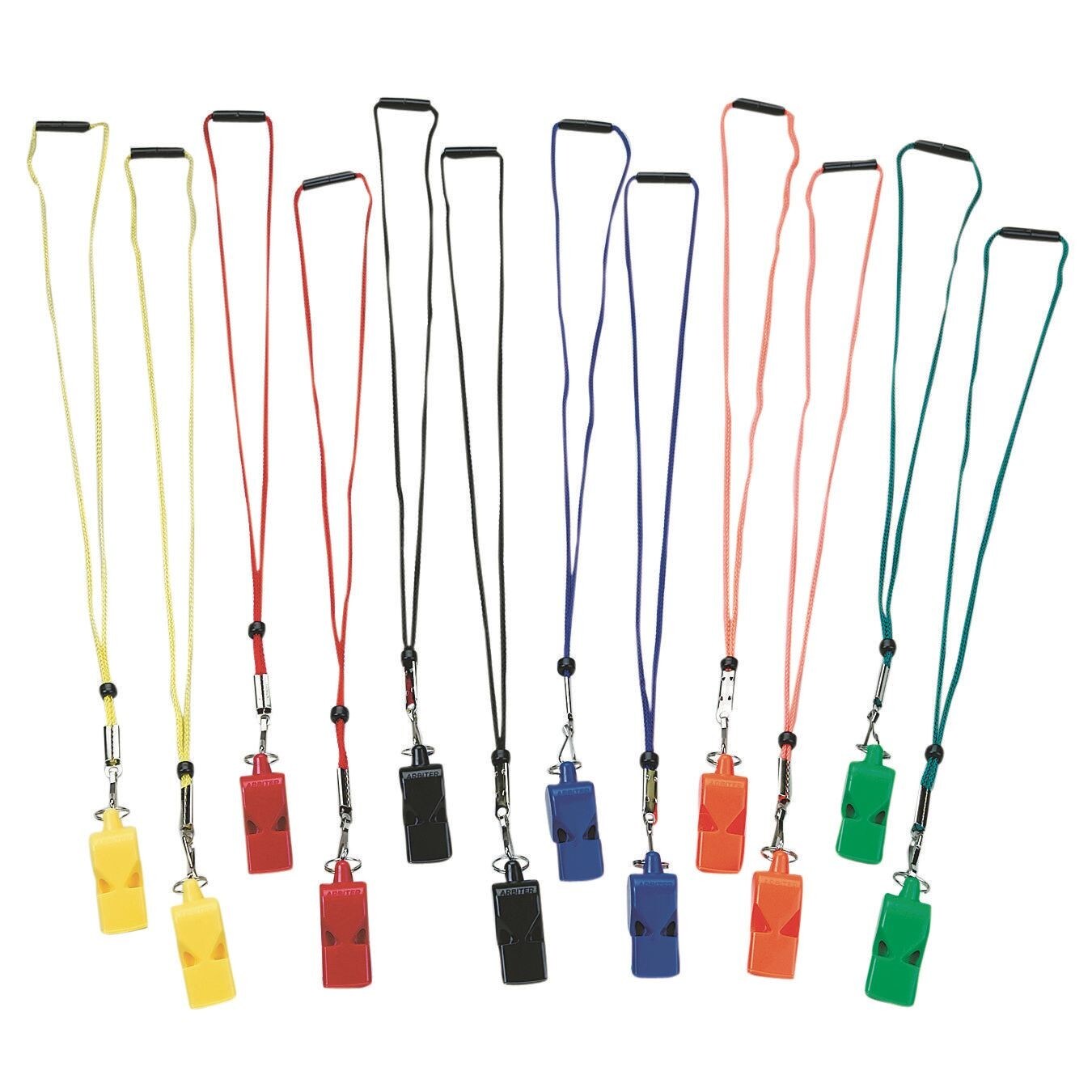 S&#x26;S Worldwide Arbiter Pealess Whistle and Breakaway Lanyard.  Extremely Loud ABS Plastic Whistles.  2 Each in 6 Different Colors with Matching Colored Breakaway Lanyards. Set of 12.