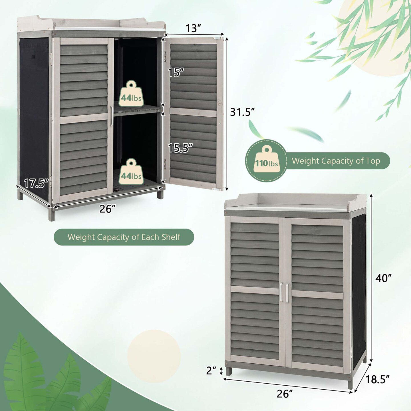 Costway Outdoor Potting Bench Table, Garden Storage Cabinet with Metal Tabletop