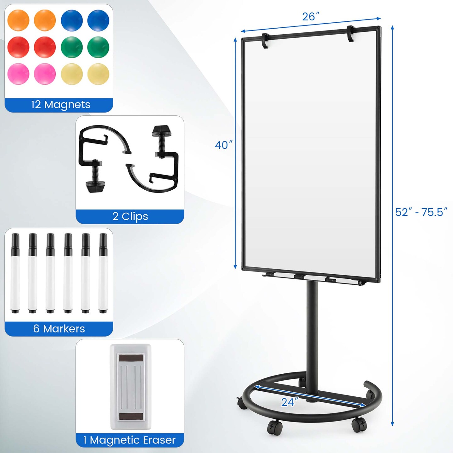 Costway Mobile Whiteboard 40&#x27;&#x27; x 26&#x27;&#x27; Height Adjustable Magnetic Dry Erase Board with Stand