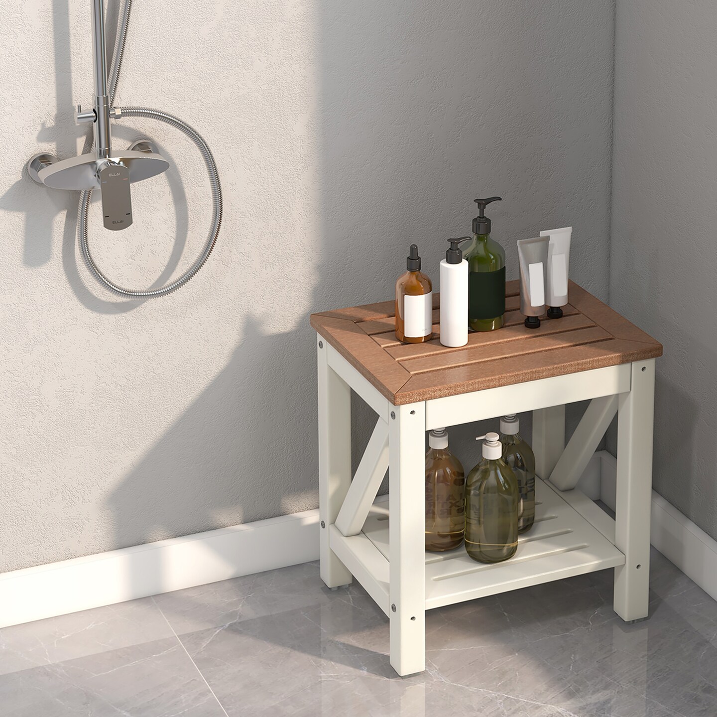 Costway 2-Tier Heavy Duty Waterproof HDPE Shower Bench Stool with Bottom Storage Shelf Off  White &#x26; Brown